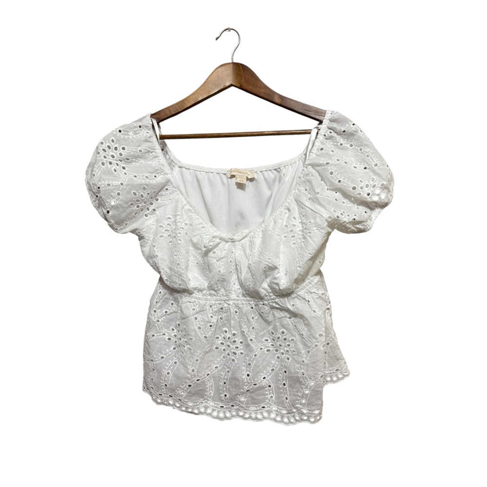 Monteau Eyelet Top Women Medium White Excellent Puff Sleeve Peplum Blouse